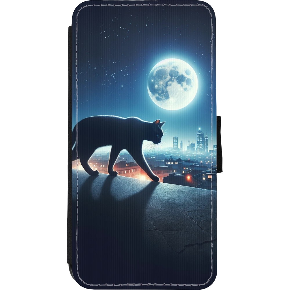 Coque iPhone XR - Wallet noir Chat noir sous la pleine lune