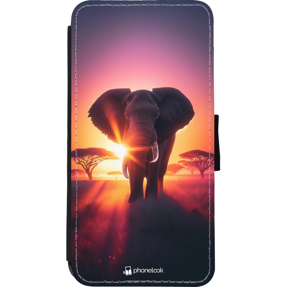 Coque iPhone XR - Wallet noir Elephant Sunrise Beauty