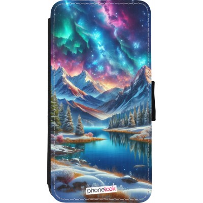 Coque iPhone XR - Wallet noir Fantasy Mountain Lake Sky Stars