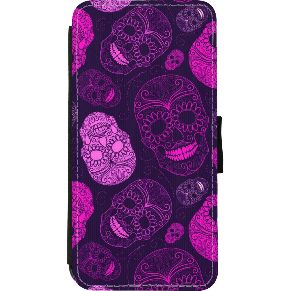 Coque iPhone XR - Wallet noir Halloween 2023 pink skulls