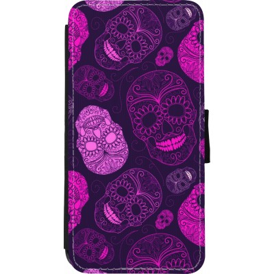 Coque iPhone XR - Wallet noir Halloween 2023 pink skulls