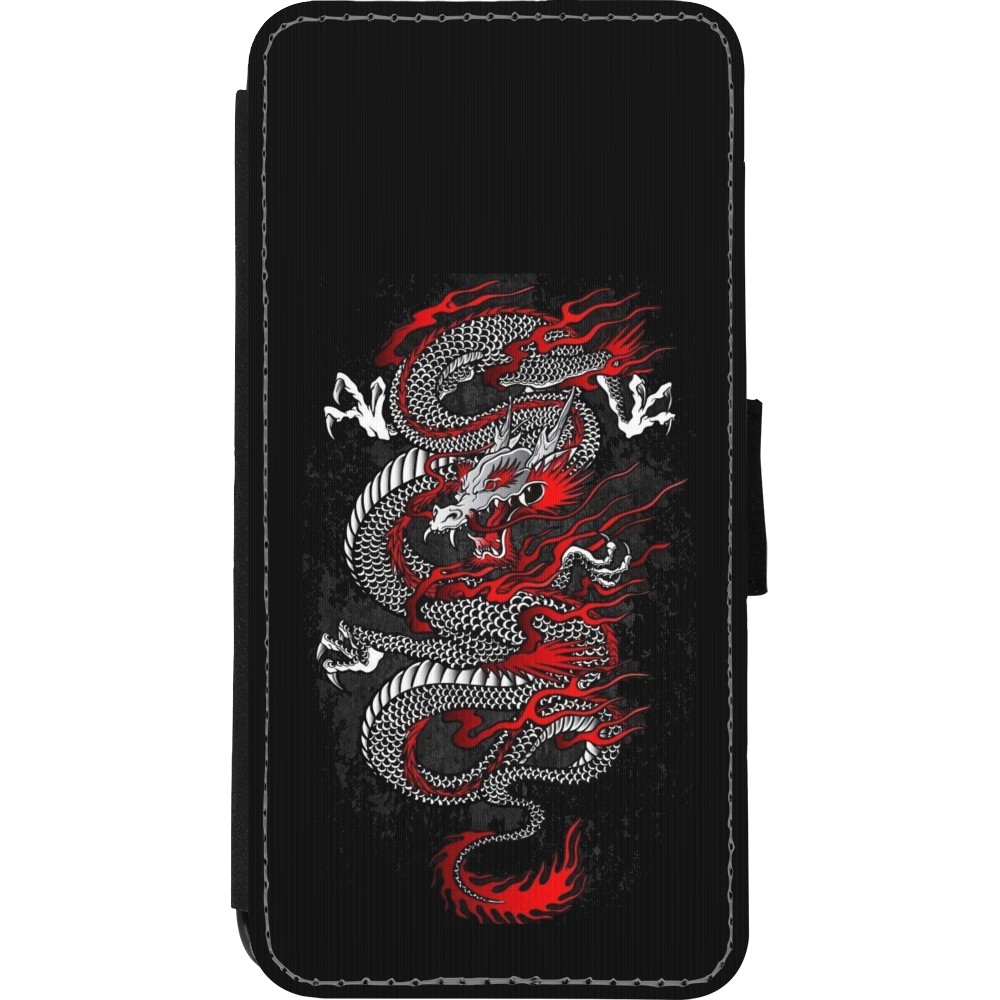 Coque iPhone XR - Wallet noir Japanese style Dragon Tattoo Red Black