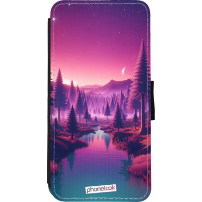 Coque iPhone XR - Wallet noir Paysage Violet-Rose