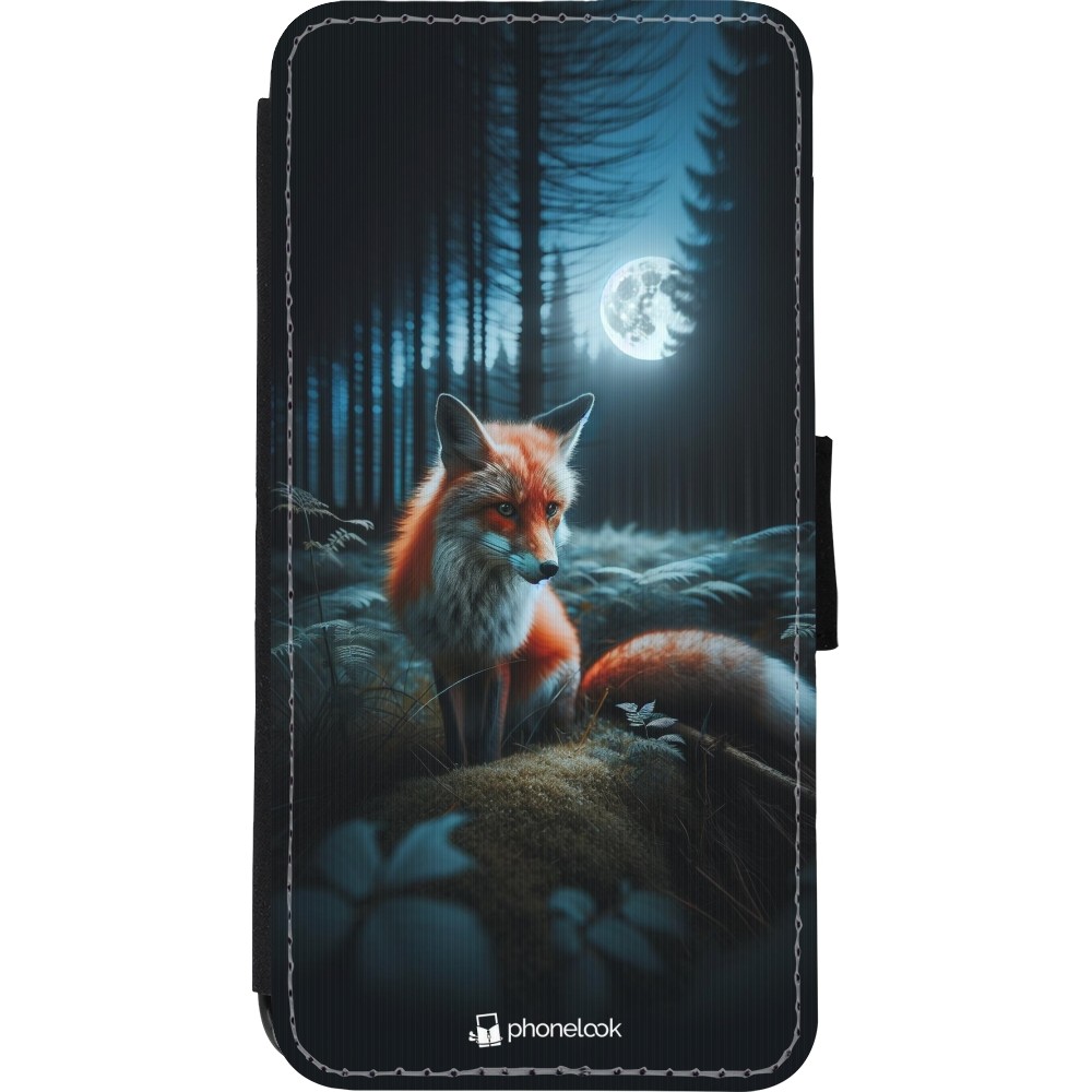 Coque iPhone XR - Wallet noir Renard lune forêt