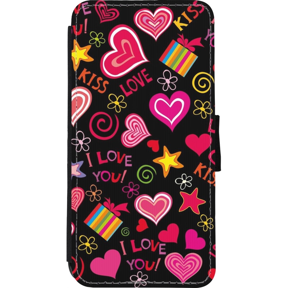 Coque iPhone XR - Wallet noir Valentine 2023 love symbols