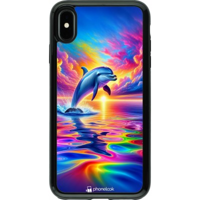 Coque iPhone Xs Max - Hybrid Armor noir Dauphin arc-en-ciel heureux