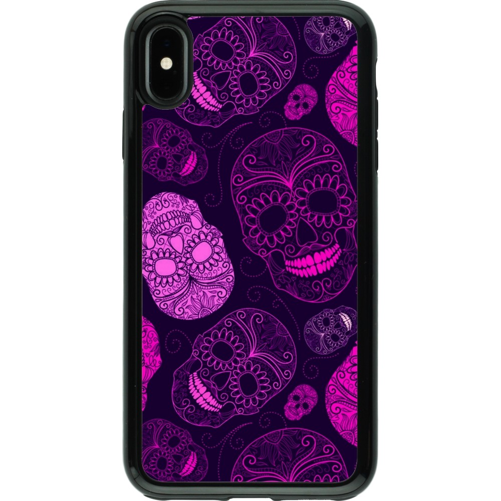 Coque iPhone Xs Max - Hybrid Armor noir Halloween 2023 pink skulls