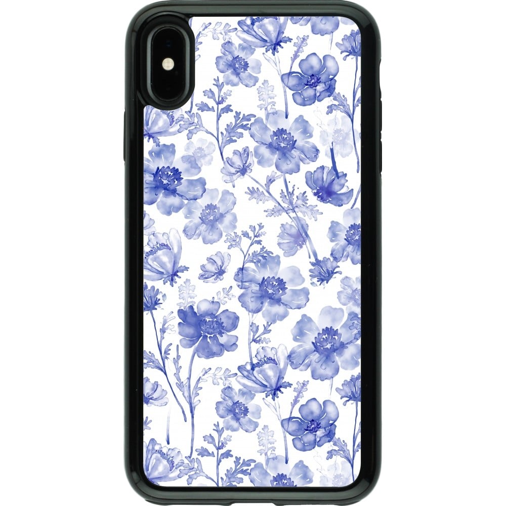 Coque iPhone Xs Max - Hybrid Armor noir Spring 23 watercolor blue flowers