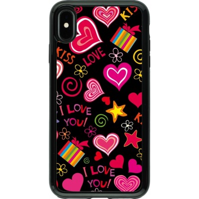 Coque iPhone Xs Max - Hybrid Armor noir Valentine 2023 love symbols