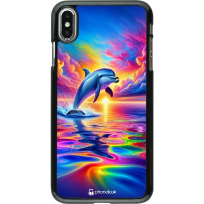 Coque iPhone Xs Max - Dauphin arc-en-ciel heureux