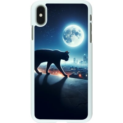 Coque iPhone Xs Max - Plastique blanc Chat noir sous la pleine lune