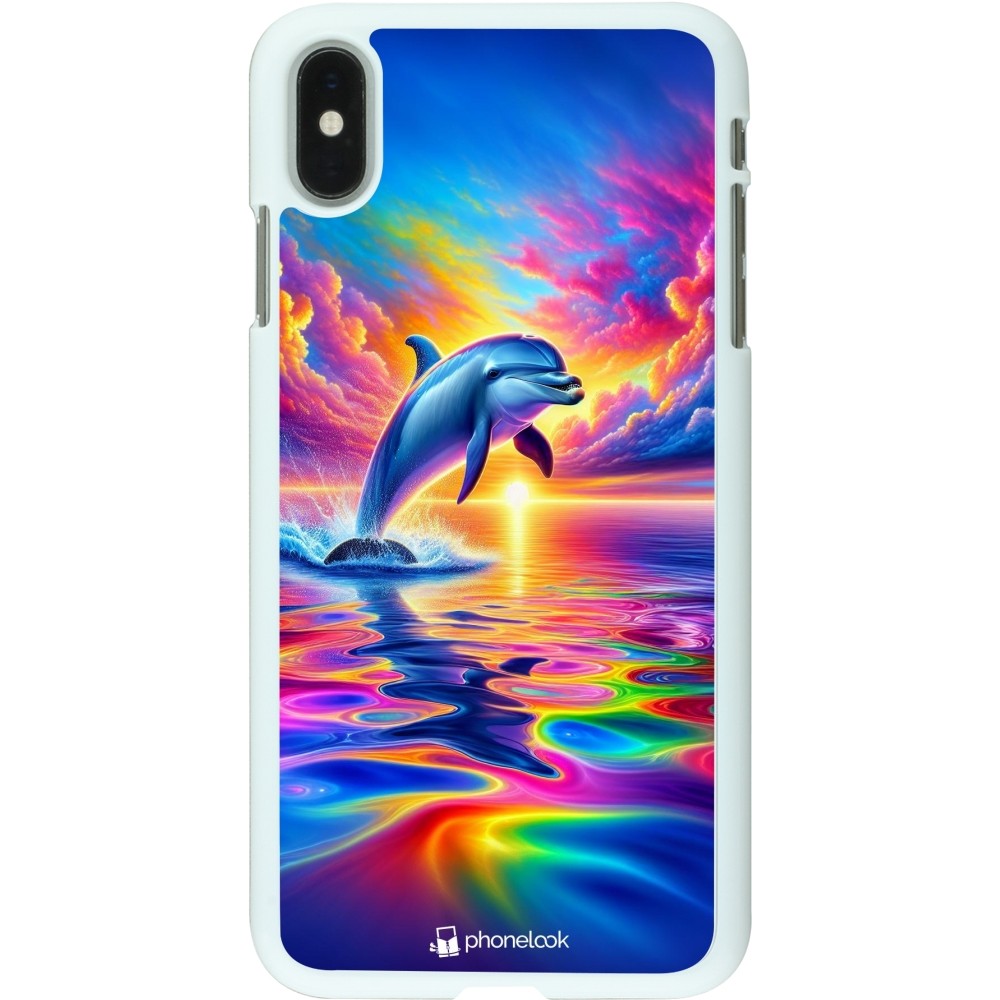 Coque iPhone Xs Max - Plastique blanc Dauphin arc-en-ciel heureux