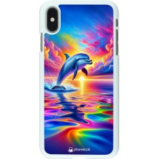 Coque iPhone Xs Max - Plastique blanc Dauphin arc-en-ciel heureux