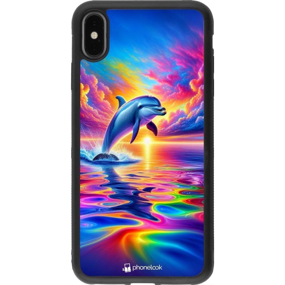 Coque iPhone Xs Max - Silicone rigide noir Dauphin arc-en-ciel heureux