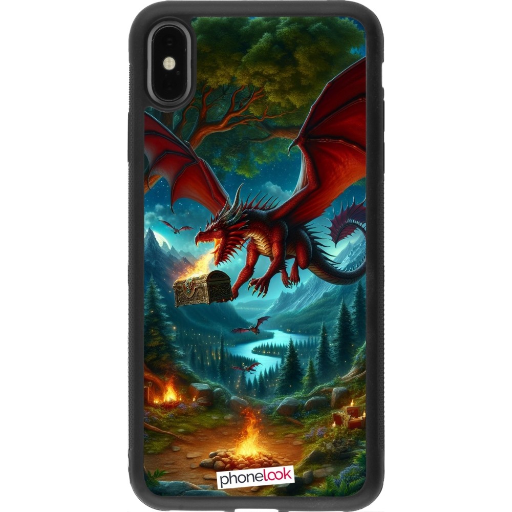 Coque iPhone Xs Max - Silicone rigide noir Dragon Volant Forêt Trésor