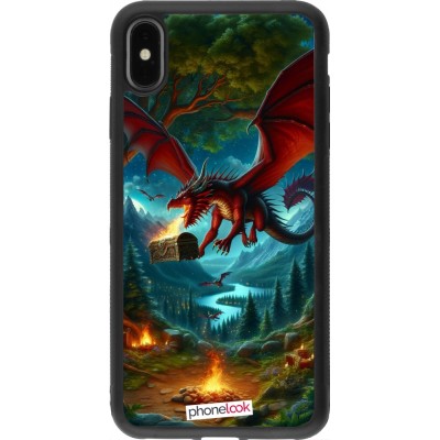 Coque iPhone Xs Max - Silicone rigide noir Dragon Volant Forêt Trésor