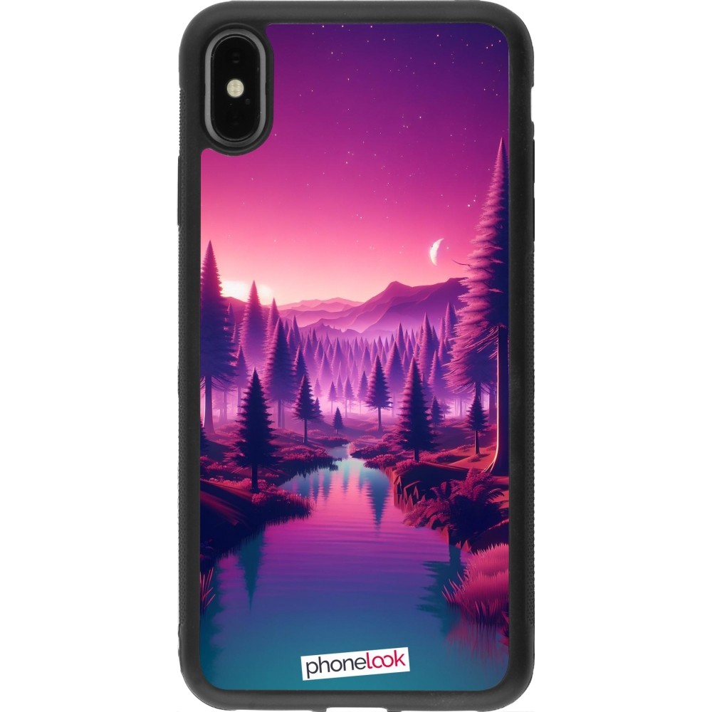 Coque iPhone Xs Max - Silicone rigide noir Paysage Violet-Rose