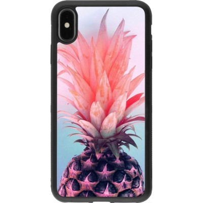 Coque iPhone Xs Max - Silicone rigide noir Purple Pink Pineapple