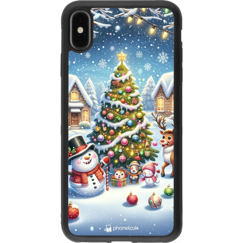 Coque iPhone Xs Max - Silicone rigide noir Noël 2023 bonhomme de neige et sapin