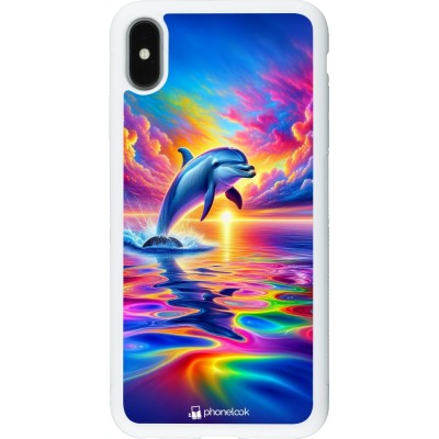 Coque iPhone Xs Max - Silicone rigide blanc Dauphin arc-en-ciel heureux