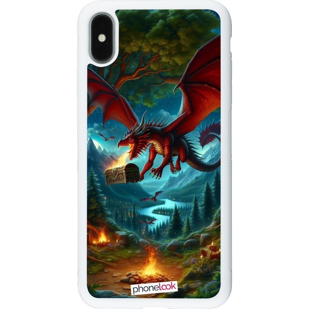 Coque iPhone Xs Max - Silicone rigide blanc Dragon Volant Forêt Trésor