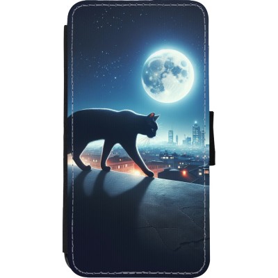 Coque iPhone Xs Max - Wallet noir Chat noir sous la pleine lune