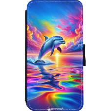 Coque iPhone Xs Max - Wallet noir Dauphin arc-en-ciel heureux