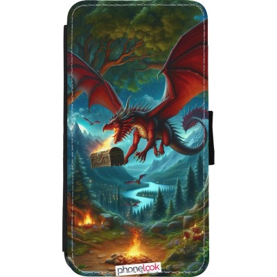 Coque iPhone Xs Max - Wallet noir Dragon Volant Forêt Trésor