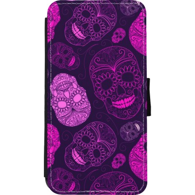 Coque iPhone Xs Max - Wallet noir Halloween 2023 pink skulls