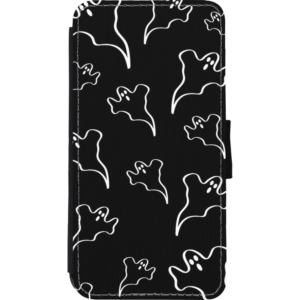 Coque iPhone Xs Max - Wallet noir Halloween 2024 black and white ghosts