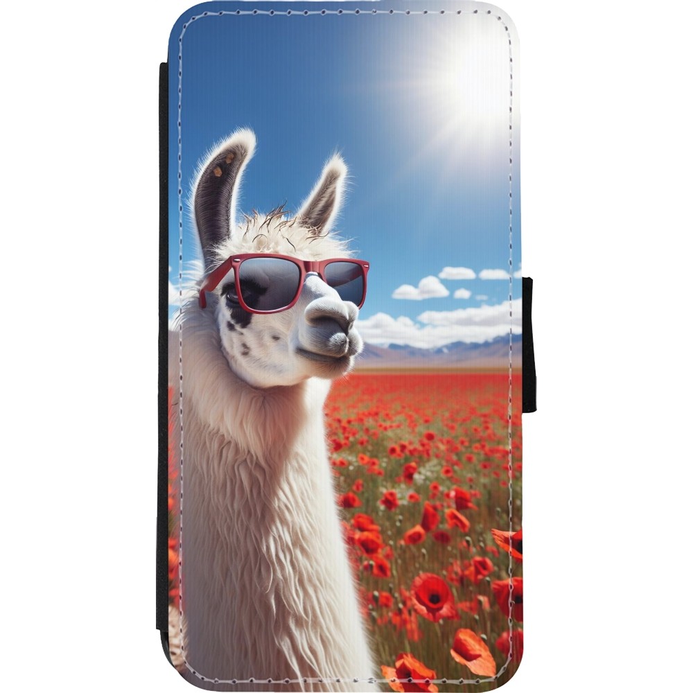 Coque iPhone Xs Max - Wallet noir Lama Chic en Coquelicot