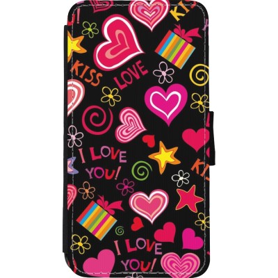 Coque iPhone Xs Max - Wallet noir Valentine 2023 love symbols