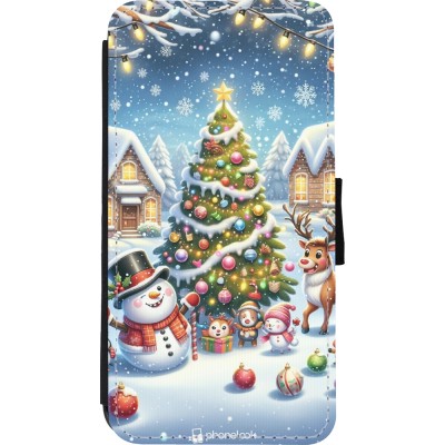 Coque iPhone Xs Max - Wallet noir Noël 2023 bonhomme de neige et sapin