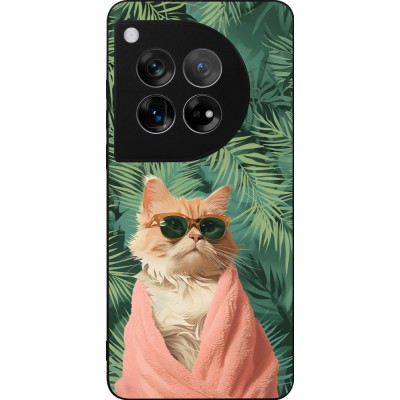 Coque OnePlus 12 - Silicone rigide noir Cat Summer Palms