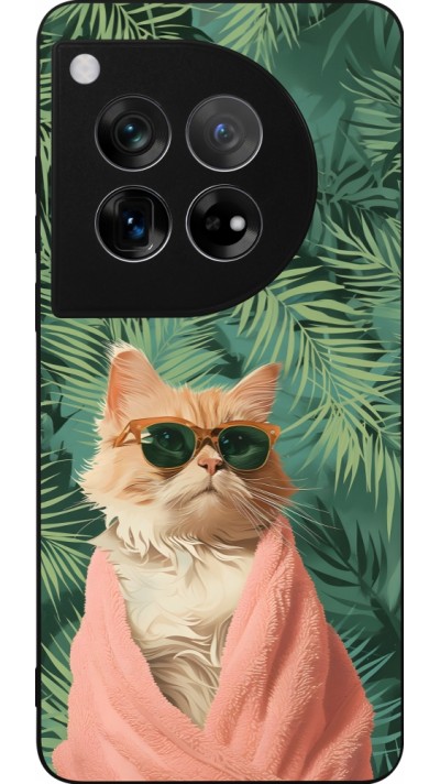 Coque OnePlus 12 - Silicone rigide noir Cat Summer Palms