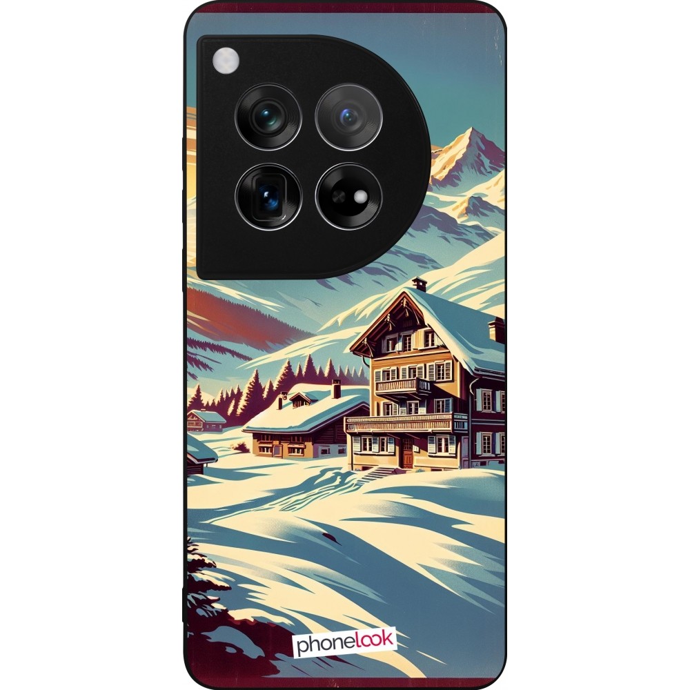 Coque OnePlus 12 - Silicone rigide noir Chalet montagne enneigée