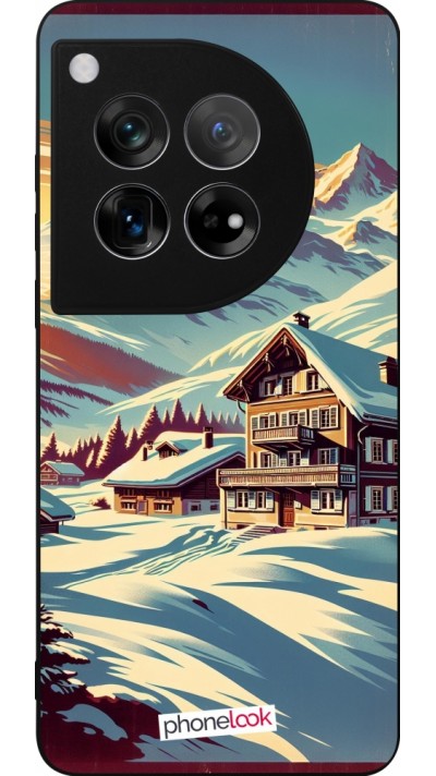 Coque OnePlus 12 - Silicone rigide noir Chalet montagne enneigée