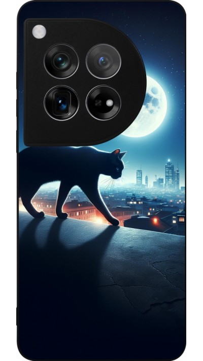 Coque OnePlus 12 - Silicone rigide noir Chat noir sous la pleine lune