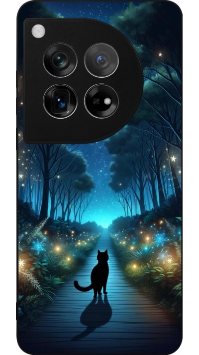 Coque OnePlus 12 - Silicone rigide noir Chat noir promenade