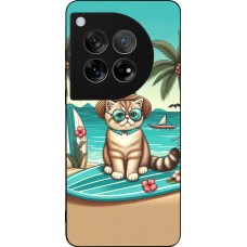 Coque OnePlus 12 - Silicone rigide noir Chat Surf Style