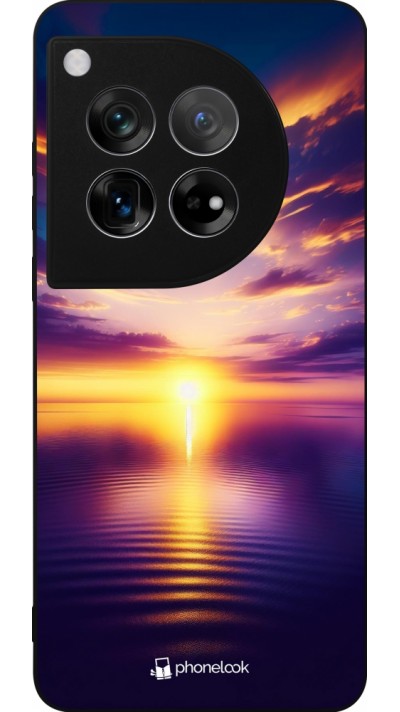 Coque OnePlus 12 - Silicone rigide noir Coucher soleil jaune violet