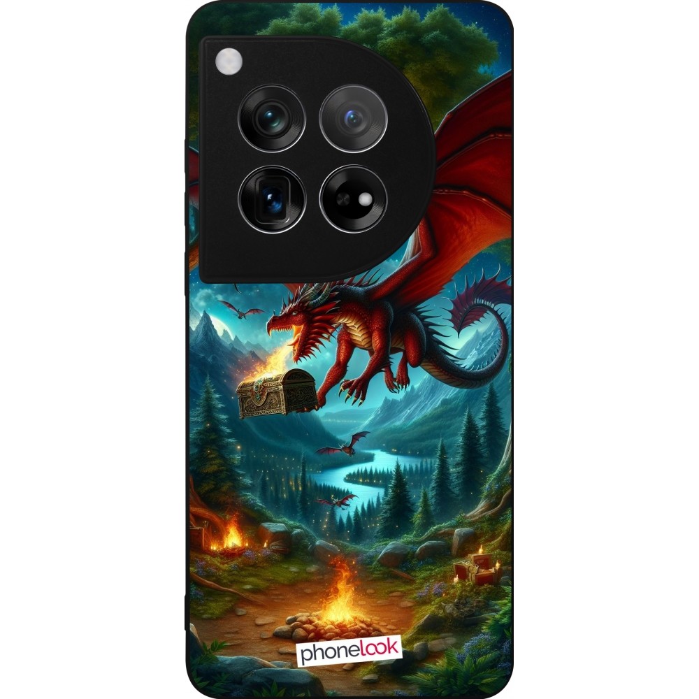 Coque OnePlus 12 - Silicone rigide noir Dragon Volant Forêt Trésor