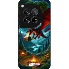 Coque OnePlus 12 - Silicone rigide noir Dragon Volant Forêt Trésor