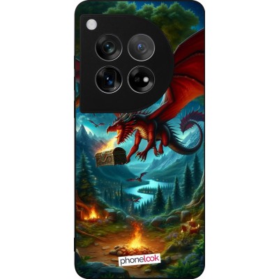 Coque OnePlus 12 - Silicone rigide noir Dragon Volant Forêt Trésor