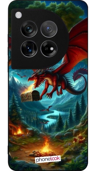 Coque OnePlus 12 - Silicone rigide noir Dragon Volant Forêt Trésor