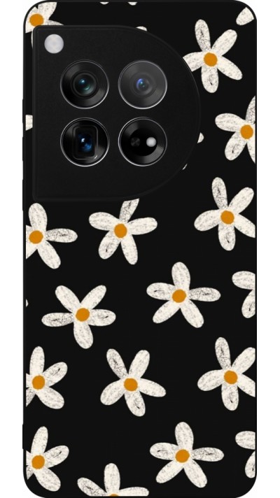 Coque OnePlus 12 - Silicone rigide noir Easter 2024 white on black flower