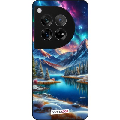 Coque OnePlus 12 - Silicone rigide noir Fantasy Mountain Lake Sky Stars