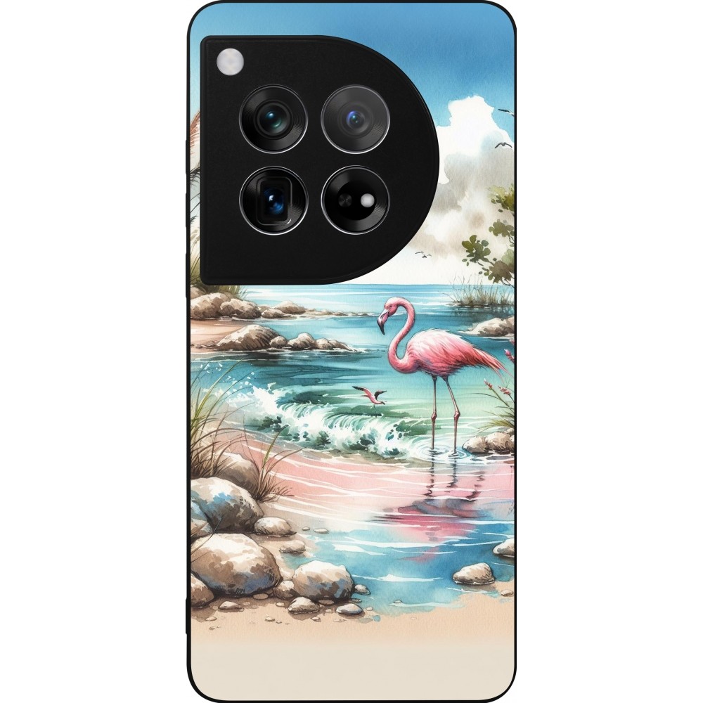 Coque OnePlus 12 - Silicone rigide noir Flamant rose aquarelle