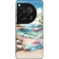 Coque OnePlus 12 - Silicone rigide noir Flamant rose aquarelle