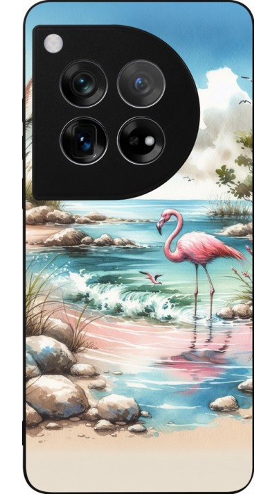 Coque OnePlus 12 - Silicone rigide noir Flamant rose aquarelle